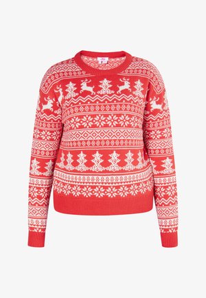 Suéter de punto rojo con patrones festivos en blanco de renos, copos de nieve y árboles de Navidad, con puños y dobladillo acanalados.