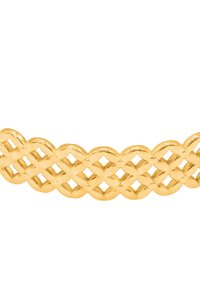 Bracciale color oro con un intricato motivo intrecciato, bordi arrotondati e una superficie liscia e lucida.
