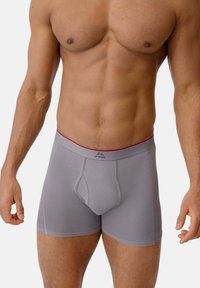 Grå herrboxershorts med ett rött elastiskt midjeband, slät textur, figurnära design och en subtil logo fram.