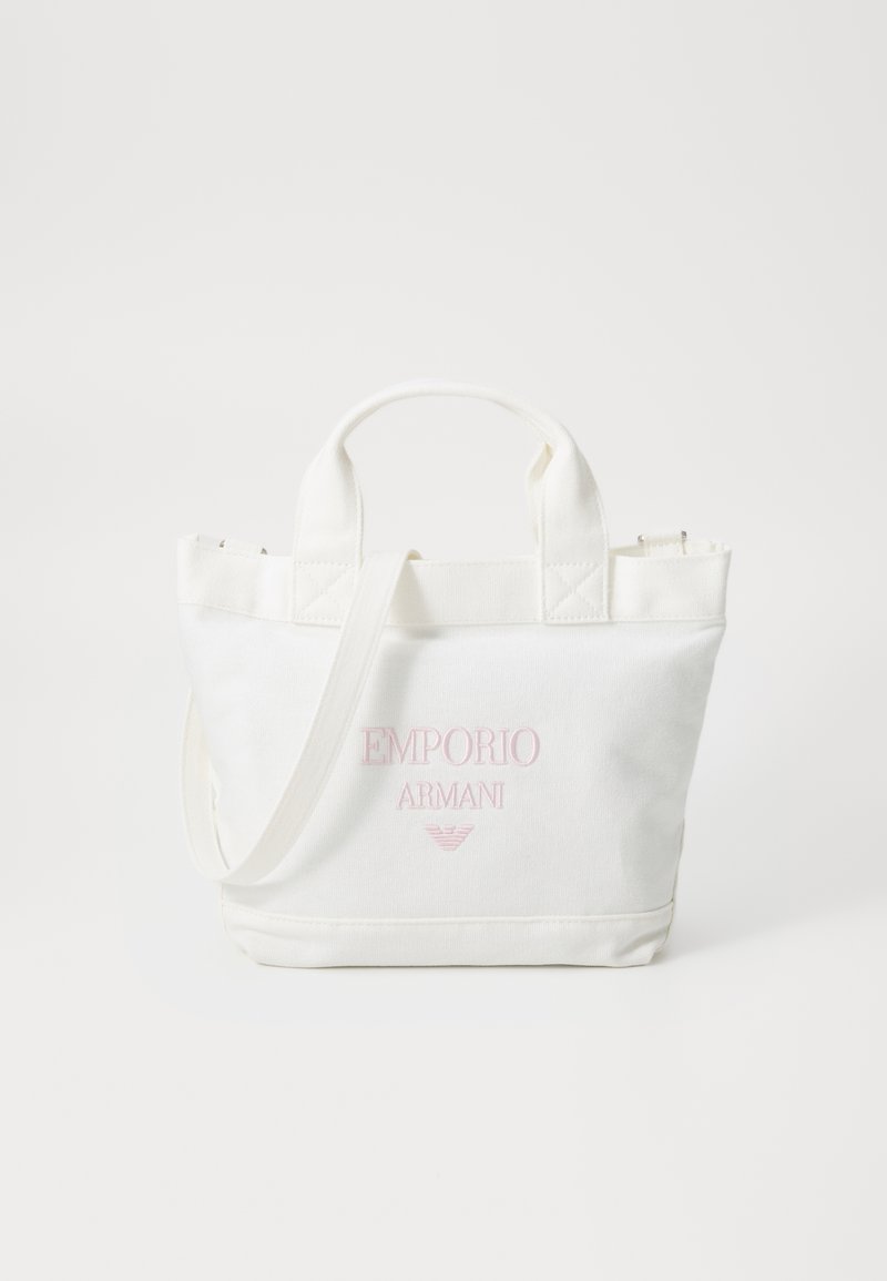 Λευκή καμβά τσάντα tote με ροζ κεντημένο λογότυπο "Emporio Armani", διπλούς κοντούς χειρολαβές και αποσπώμενο ιμάντα ώμου.