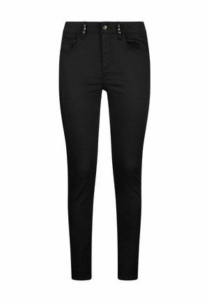 Schwarze Skinny-Jeans aus elastischem Stoff. Merkmale sind ein Knopf- und Reißverschluss, zwei Fronttaschen und subtile dekorative Akzente.