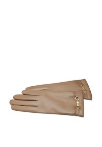 Beige leather gloves with a smooth texture, featuring golden hardware accents and a folded cuff design. Suitable for cold weather wear.