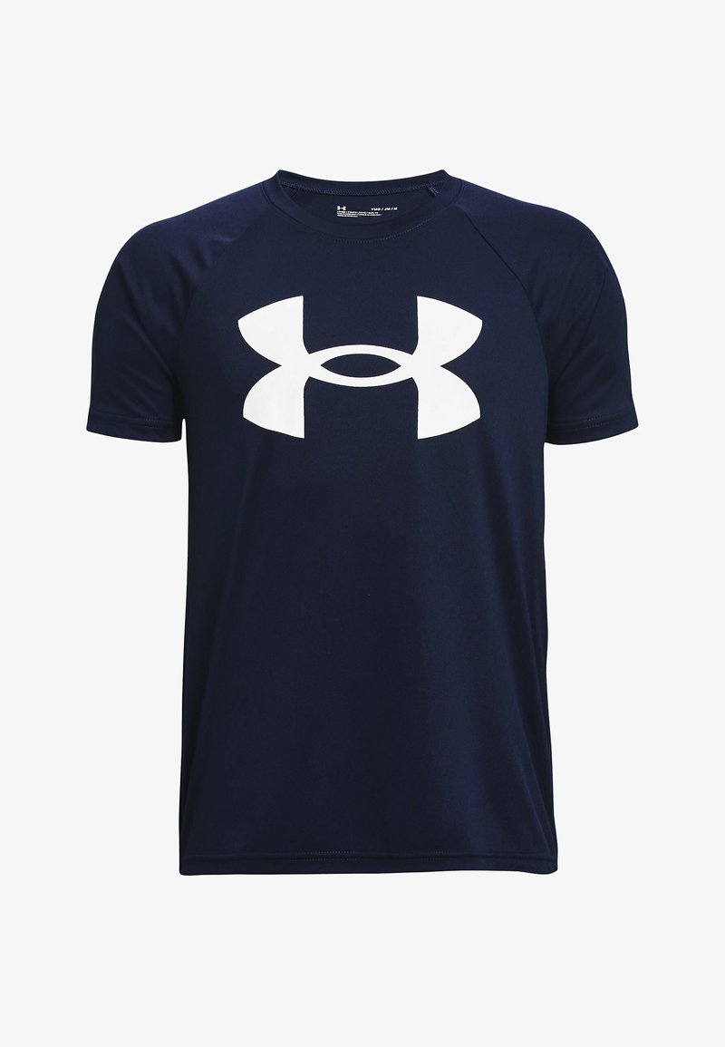 Navy blue urheilu t-paita, joka on valmistettu sileästä kankaasta, ja jossa on suuri valkoinen logo edessä ja lyhyet raglansleet.
