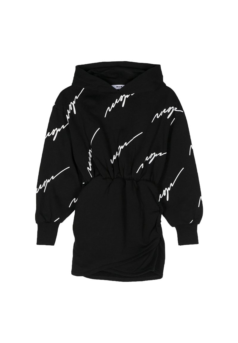 Felpa nera con cintura elastica, texture arricciata e logo stampato in stile scrittura a mano in tutta la superficie. Maniche lunghe con polsini aderenti.