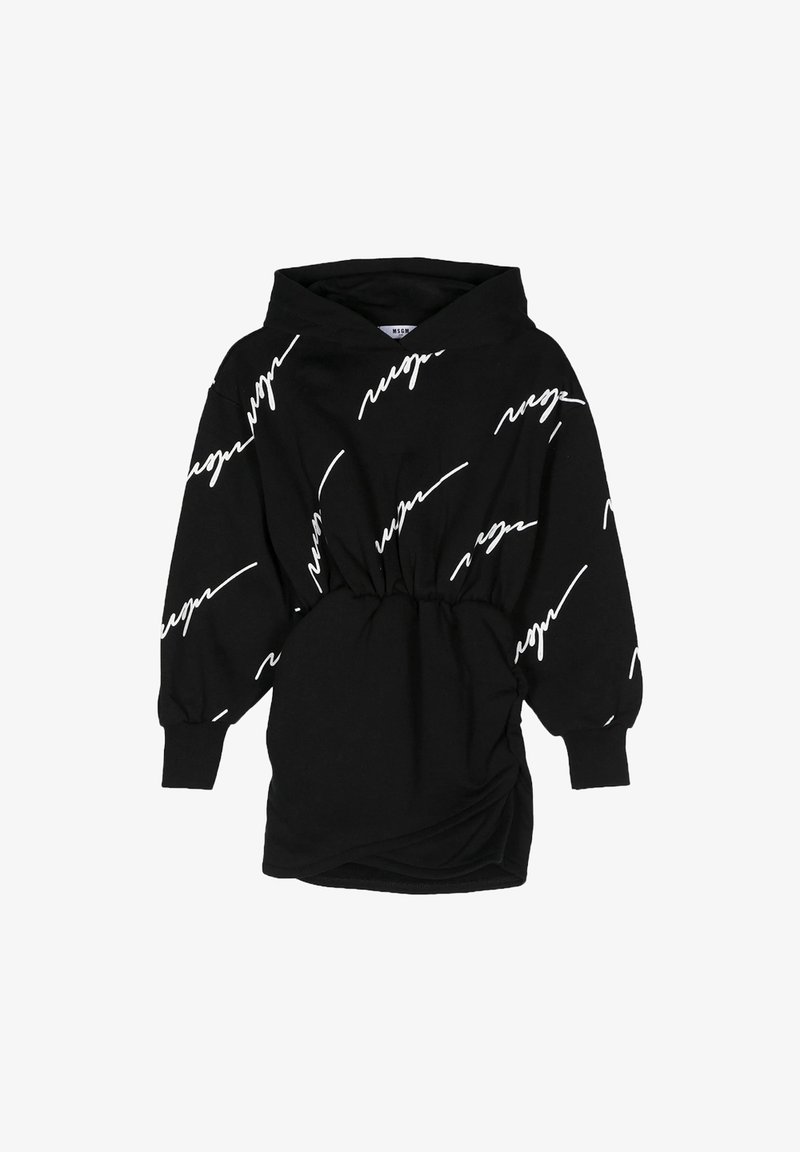 Felpa nera con cintura elastica, texture arricciata e logo stampato in stile scrittura a mano in tutta la superficie. Maniche lunghe con polsini aderenti.