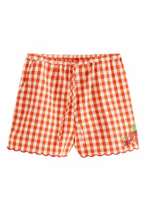 Rote und weiße Vichy-Karo-Shorts mit einem wellenförmigen Saum, versehen mit einer bestickten Erdbeer-Dekoration und einem elastischen Bund mit Kordelzug.