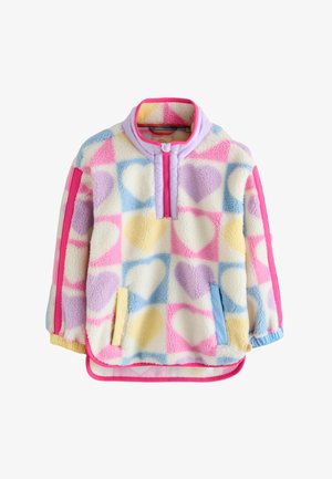 Fleece pullover with pastel pink, blue, yellow, and purple heart patterns, zipper collar, and contrasting pocket and sleeve details.