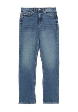 Blaue Jeans aus Denim mit geradem Bein, hellen Waschen, subtiler Ausbleichung, fünf Taschen-Design und standardmäßiger Knopf- und Reißverschluss.