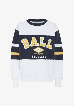Balto ir tamsiai mėlynas apvalaus kaklo džemperis su geltonos ir mėlynos spalvų akcentais, turintis "BALL 1974" grafiką ir dryžuotas rankoves. Minkšta audinio tekstūra.