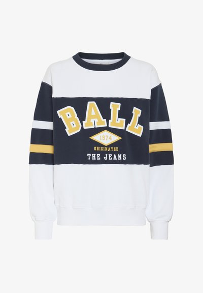 Hanorac alb și bleumarin cu guler rotund, având accente galbene și albastre, cu grafică „BALL 1974” și mâneci cu dungi. Textură moale a materialului.