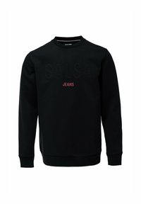 Sudadera negra de tejido de mezcla de algodón, con cuello redondo, puños acanalados y letras en relieve "SALSA" y "JEANS" en contraste rojo.