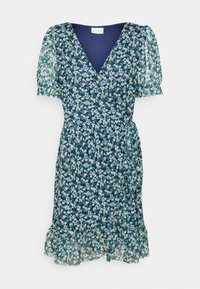 Květinové šaty s krátkými nafouknutými rukávy v tmavě modré barvě, s volánkovým lemem a směsí bílých a modrých květin. Lehký, průsvitný materiál.