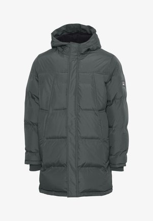 Puffer jacket in dark gray, with a hood, front zipper, and two large front pockets. Features quilted texture and elastic cuffs.