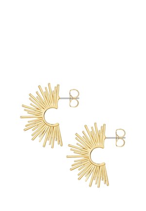 Paar goldfarbene Metallohrstecker in Form von Sonnenstrahlen mit mehreren dünnen Strahlen, die sich in einem halbkreisförmigen Design nach außen ausdehnen.