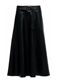 Jupe A-line en simili cuir noir avec texture crocodile, mi-longue, dotée d'une ceinture assortie avec une boucle ronde en or.