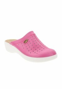 Zoccolo rosa con design perforato, suola bianca e sottile accento in oro nel logo. Texture liscia e forma della punta arrotondata per il comfort.