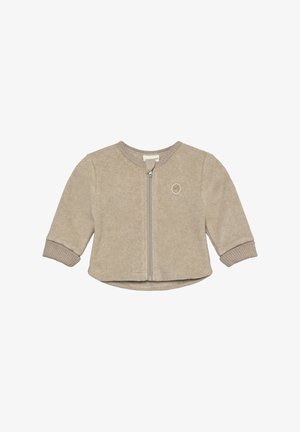 Giacca beige per bambini in morbido pile con cerniera integrale, scollo rotondo e polsini a coste. Presenta un piccolo logo sulla parte anteriore.