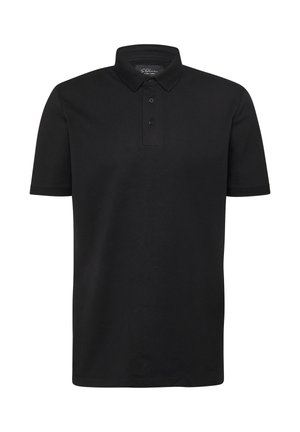 Zwart poloshirt met korte mouwen, drieknoopssluiting en klassieke kraag, effen ontwerp, zonder zichtbare patronen of logo's.