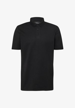 Zwart poloshirt met korte mouwen, drieknoopssluiting en klassieke kraag, effen ontwerp, zonder zichtbare patronen of logo's.