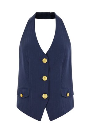 Gilet dos nu bleu marine avec des rayures verticales et quatre boutons dorés, dont deux sur les poches avant.