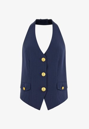 Gilet dos nu bleu marine avec des rayures verticales et quatre boutons dorés, dont deux sur les poches avant.