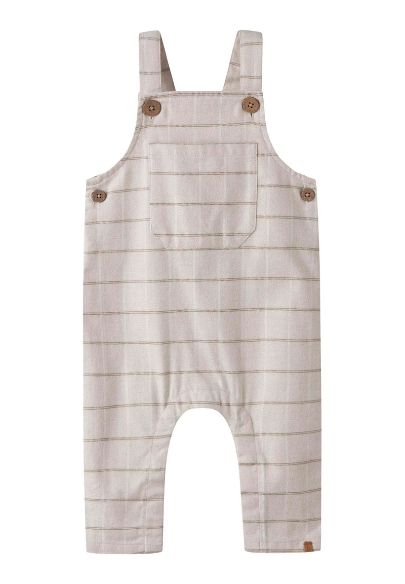 Bretelles en jean beige pour tout-petits avec de fines rayures horizontales, bretelles réglables, poche poitrine avant et fermetures à boutons en bois sur les côtés.