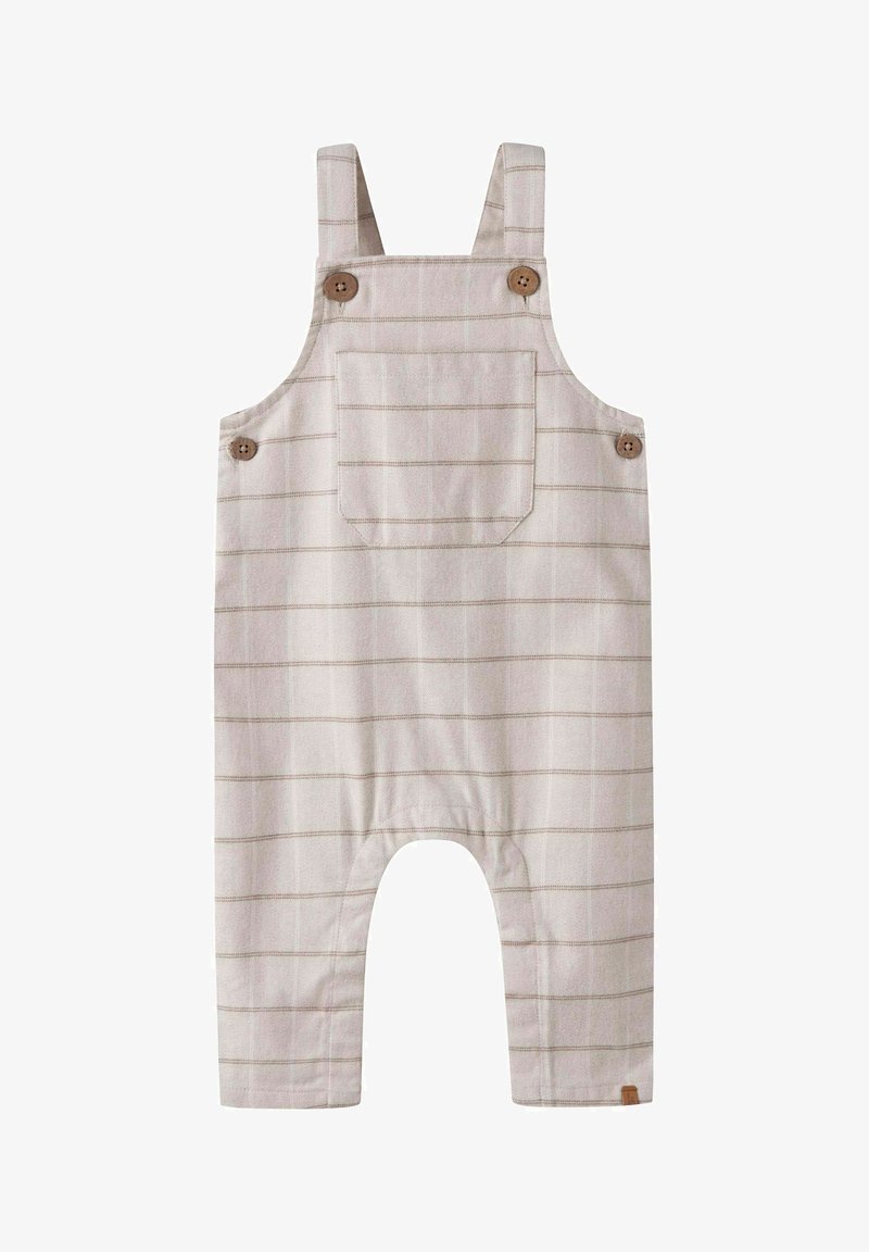 Bretelles en jean beige pour tout-petits avec de fines rayures horizontales, bretelles réglables, poche poitrine avant et fermetures à boutons en bois sur les côtés.