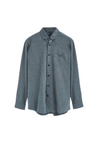 Herrskjorta med knappar i mörkblågrått tyg, med långa ärmar, en bröstficka och svarta knappar. Texturerad, avslappnad design.