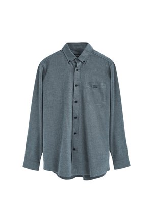 Męska koszula na zatrzaski w ciemnoniebiesko-szarym materiale, z długimi rękawami, kieszenią na piersi i czarnymi guzikami. Teksturowany, casualowy design.