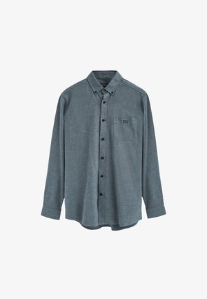 Męska koszula na zatrzaski w ciemnoniebiesko-szarym materiale, z długimi rękawami, kieszenią na piersi i czarnymi guzikami. Teksturowany, casualowy design.