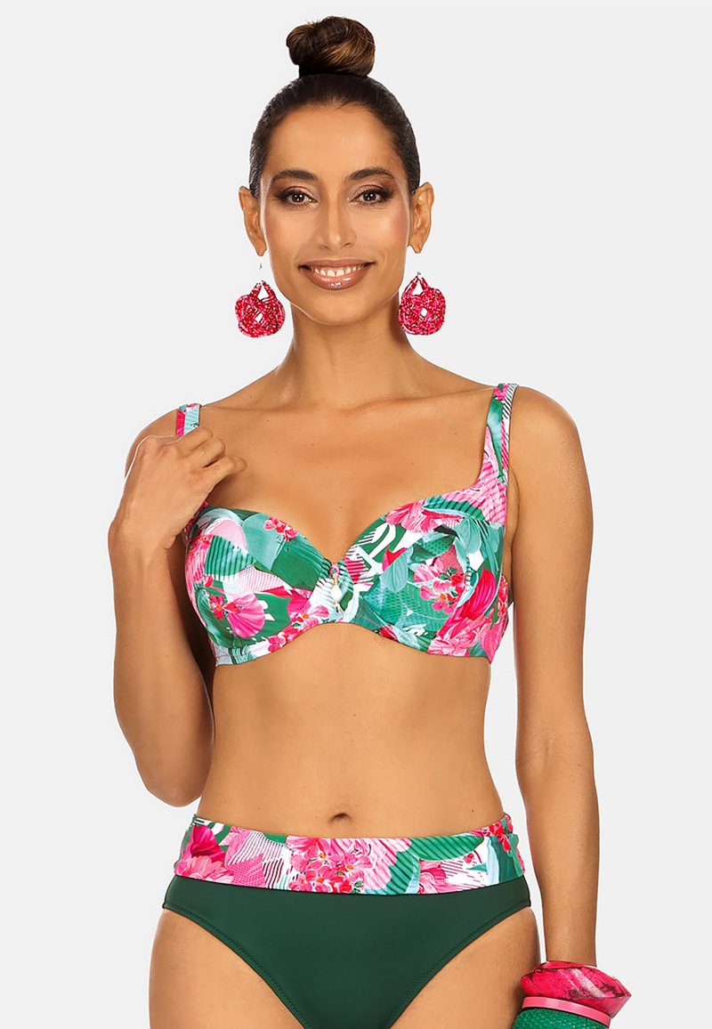 Floralny zestaw bikini z różowo-zielonym wzorem, z miseczkami na drucie i wysokimi majtkami w ciemnozielonym kolorze. Zawiera pasujące akcesoria.