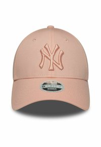 Cappellino da baseball regolabile rosa con logo NY ricamato, design strutturato e visiera curvata. Include un'etichetta con la taglia sulla visiera.