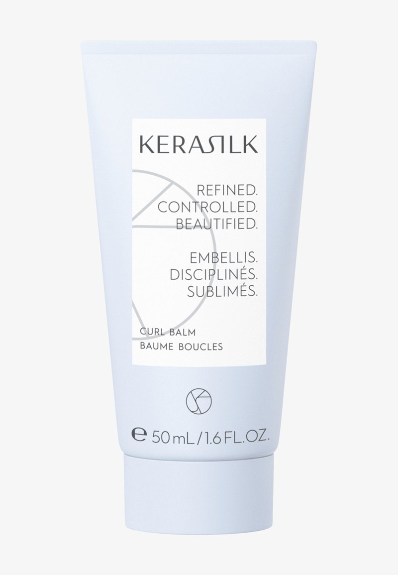 Tube de baume pour boucles Kerasilk, 50 ml, avec un texte décrivant le produit comme raffiné, contrôlé, embelli en anglais et en français.