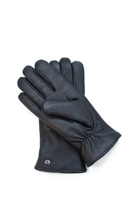 Schwarze Lederhandschuhe mit strukturiertem Finish, die eng anliegen, mit gerafftem Handgelenkdesign und einem kleinen metallischen Logo-Akzent am Bund.