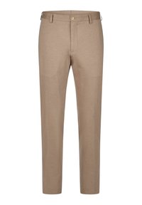 Beige maßgeschneiderte Hosen aus leichtem Stoff, mit einem Knopfverschluss, Gürtelschlaufen und einem geraden Bein design.