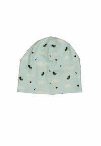 Vaaleansininen pipo, jossa on mehiläisen ja perhosen kuvioita, pehmeää kangasta, pyöreä muoto ja sauma kruunussa rakenteen tukemiseksi.