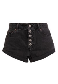 Höga svarta denimshorts med femknäppning framtill, uppvikta ärmar och två sidofickor. Mjuk, texturerad tyg.