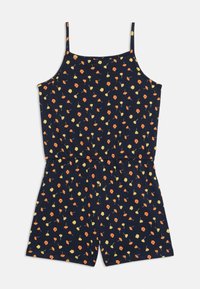 Mörkblå jumpsuit med tunna axelband, prydd med ett blommönster i orange, gult och grönt, med rynkad midja och shorts.