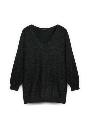 Maglione nero luccicante in maglia con scollo a V, maniche a sbuffo a tre quarti e polsini e orlo a coste. Tessuto morbido e vestibilità comoda.