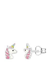 Pendientes de botón de unicornio plateado con crin rosa y un cuerno multicolor, con una textura suave y un acabado pulido.