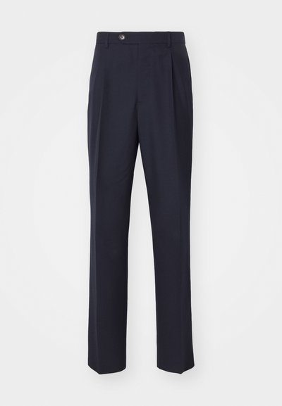 Pantalons marine en tissu lisse, présentant une coupe droite, un détail de pli unique et une fermeture à bouton à l'avant.