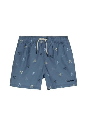 Bañador corto azul con cintura elástica, cordón blanco, patrón disperso de calaveras y tibias cruzadas, y logo "Scalpers" en la pierna.