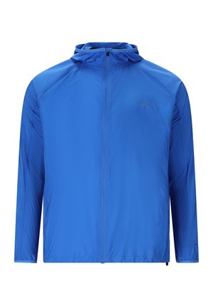 Leichte blaue Kapuzenjacke mit durchgehendem Frontreißverschluss, langen Ärmeln und einem dezenten Logo auf der linken Brust.