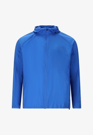 Leichte blaue Kapuzenjacke mit durchgehendem Frontreißverschluss, langen Ärmeln und einem dezenten Logo auf der linken Brust.