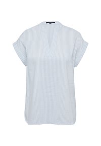 Lichtblauw blouse met korte mouwen, verticaal witte strepen, V-hals en een relaxte pasvorm. Gemaakt van een lichtgewicht, gestructureerde stof.