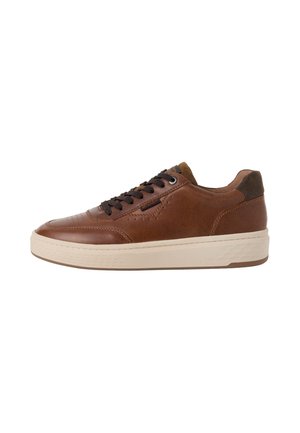 Brown leather sneaker with black laces and beige sole, low-top design with textured heel and subtle perforation details.