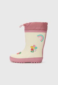 Stivale da pioggia in gomma color crema e rosa, con adesivi di fiori e arcobaleni. Coulisse superiore per una vestibilità regolabile, suola con texture per una migliore aderenza.