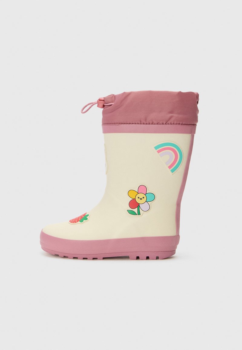 Stivale da pioggia in gomma color crema e rosa, con adesivi di fiori e arcobaleni. Coulisse superiore per una vestibilità regolabile, suola con texture per una migliore aderenza.
