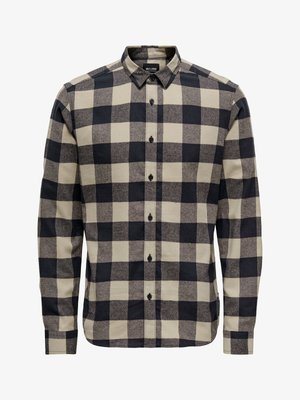 Men's flannel shirt in black and cream, featuring a classic check pattern, button-down collar, and long sleeves with button cuffs.