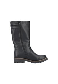 Black knee-high boot made of textured leather, featuring a side zipper, ribbed accents at the top, and a contrasting stitched sole.